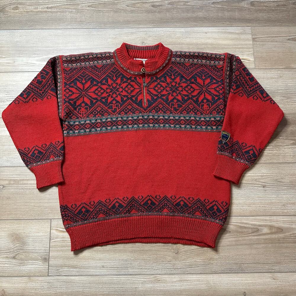 Dale Of Norway Thunder Bay 1995 Wool Fair Isle Red Quarter Zip Sweater Large